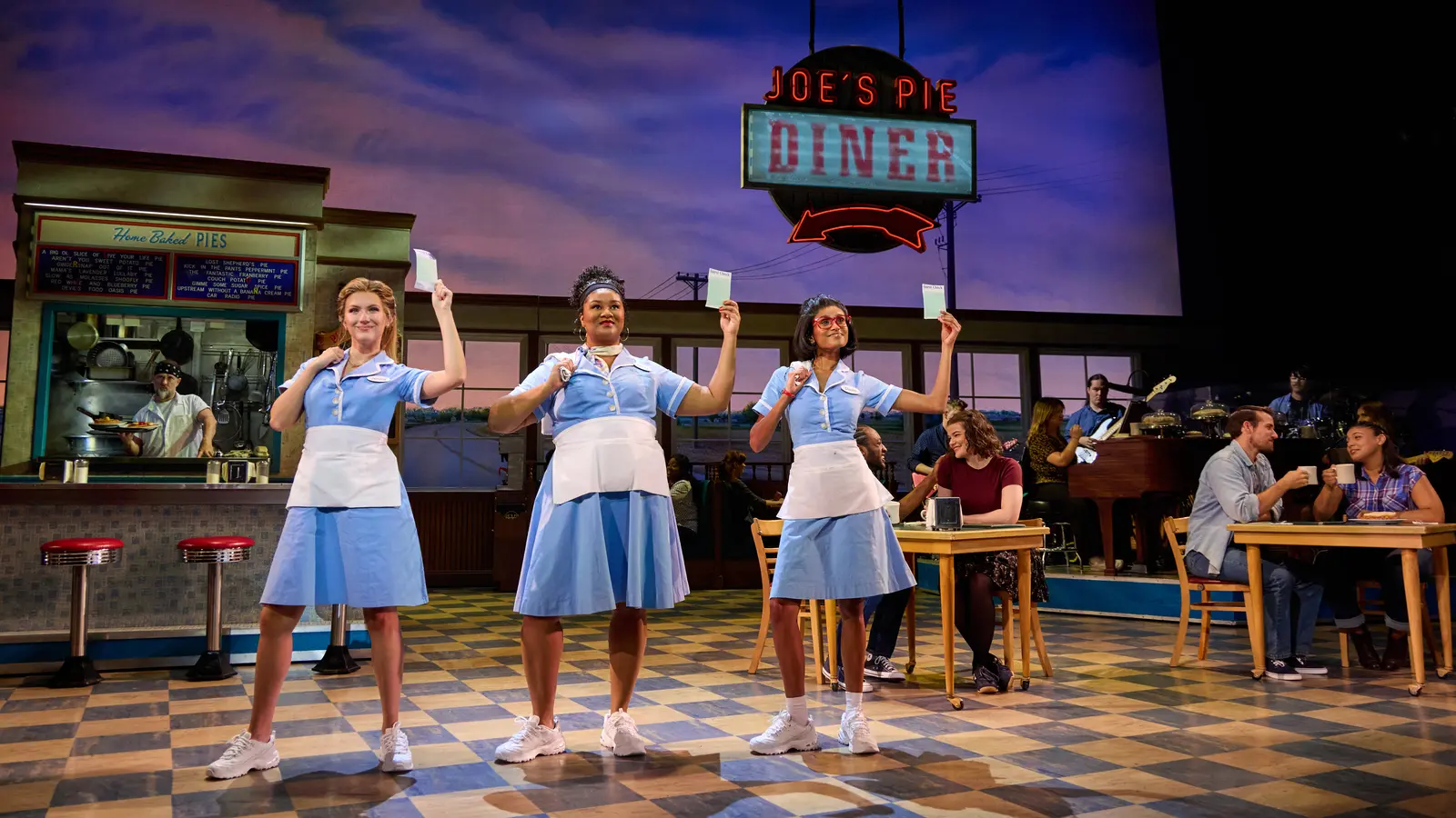 Samantha Lane Scruggs (Jenna), Hannah-Kathryn Wall (Becky), Becky Alex (Dawn), and the WAITRESS 10th Anniversary Tour Company. Photo by Jeremy Daniel.