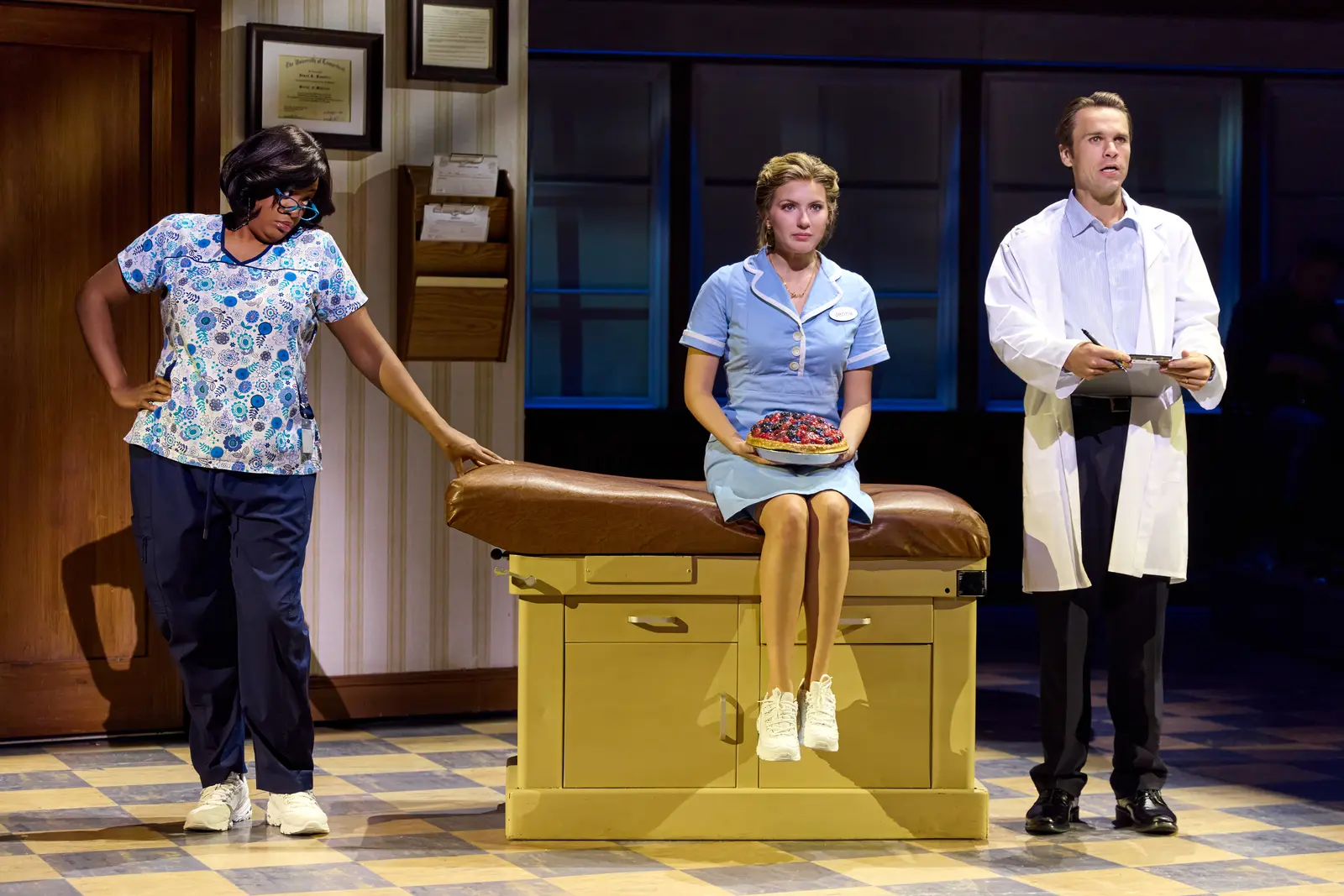 Tamara Daly (Nurse Norma), Samantha Lane Scruggs (Jenna Hunterson), and Connor Lewis (Dr. Pomatter). Photo by Jeremy Daniel.